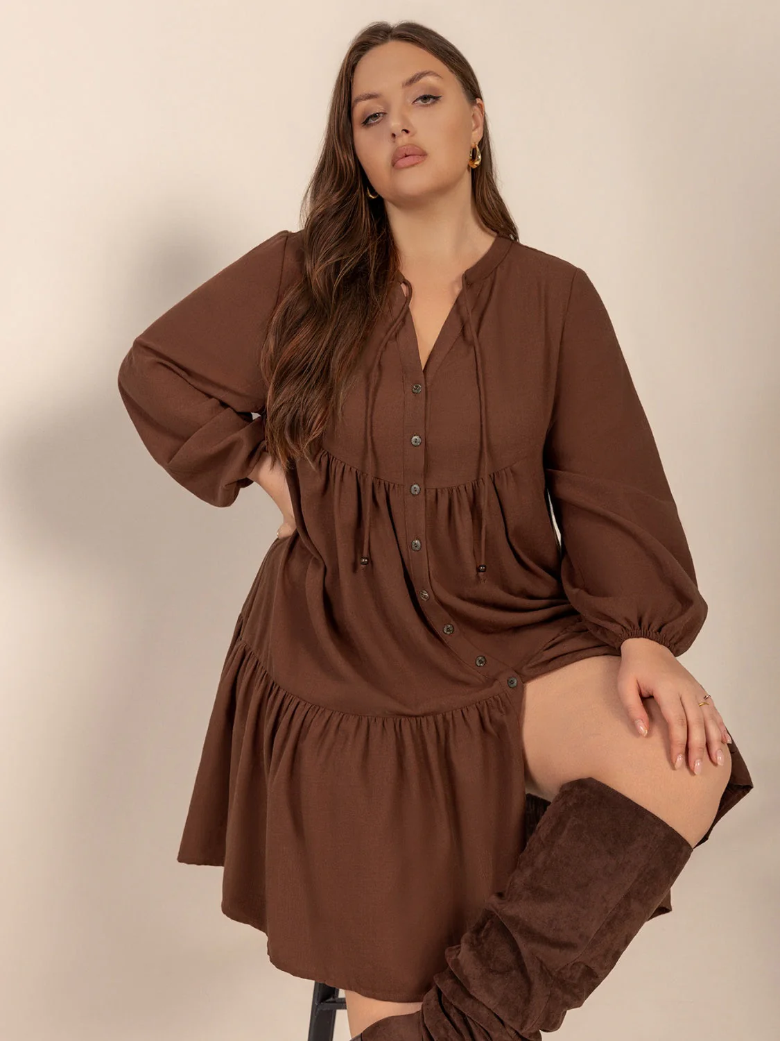 Plus Size Tie Neck Balloon Sleeve Tiered Dress - Image 5