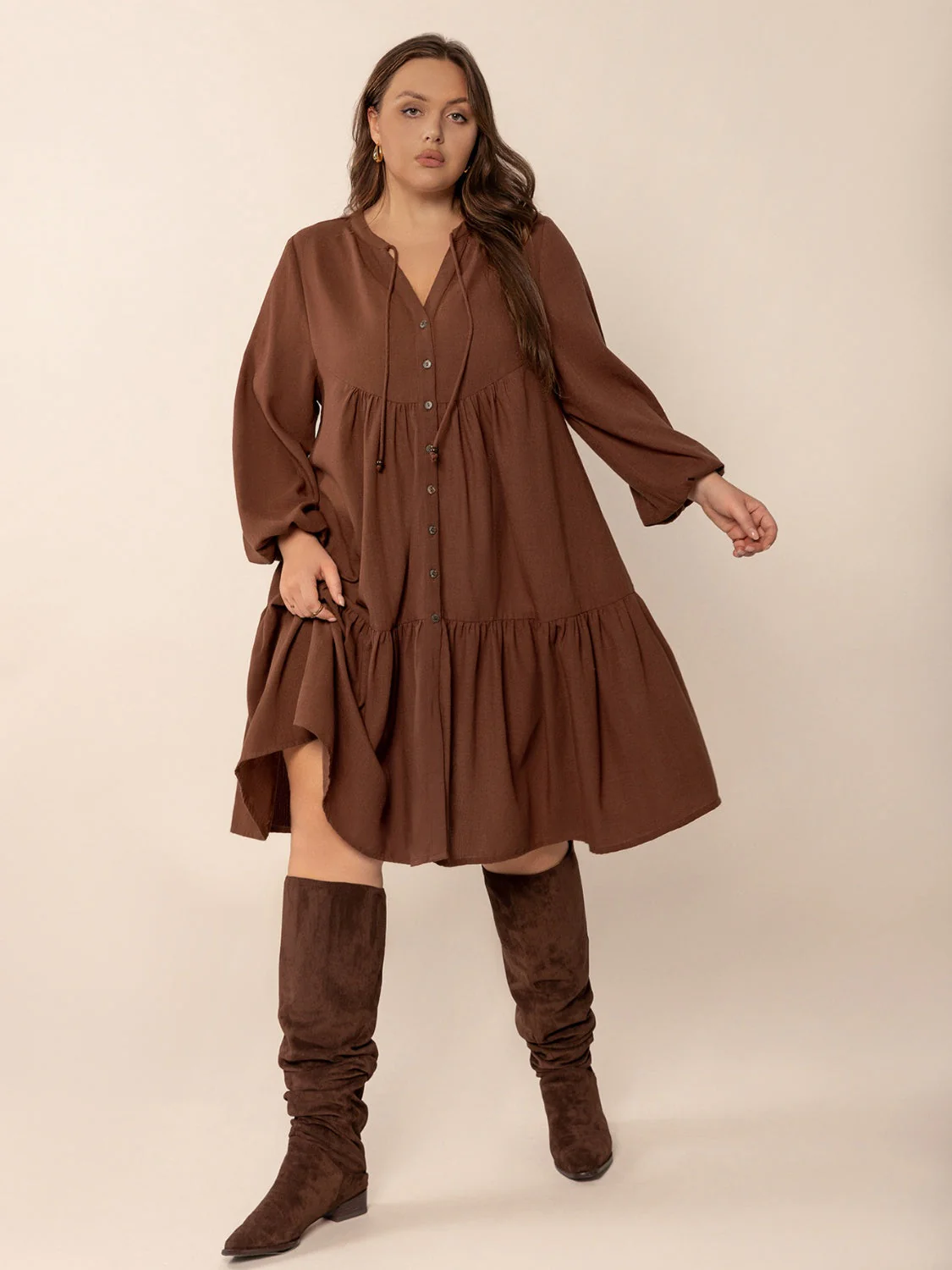 Plus Size Tie Neck Balloon Sleeve Tiered Dress - Image 6