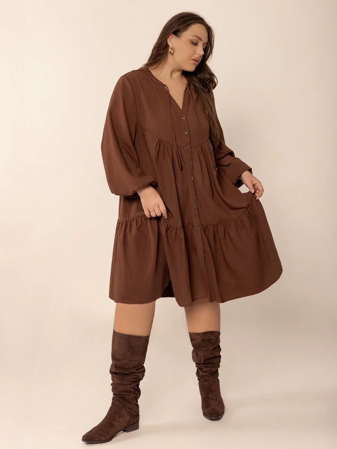 Plus Size Tie Neck Balloon Sleeve Tiered Dress - Image 7