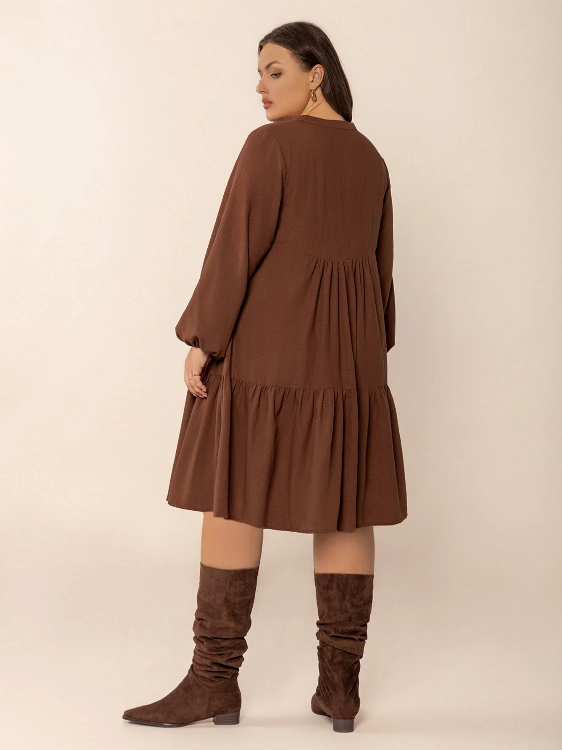 Plus Size Tie Neck Balloon Sleeve Tiered Dress - Image 8