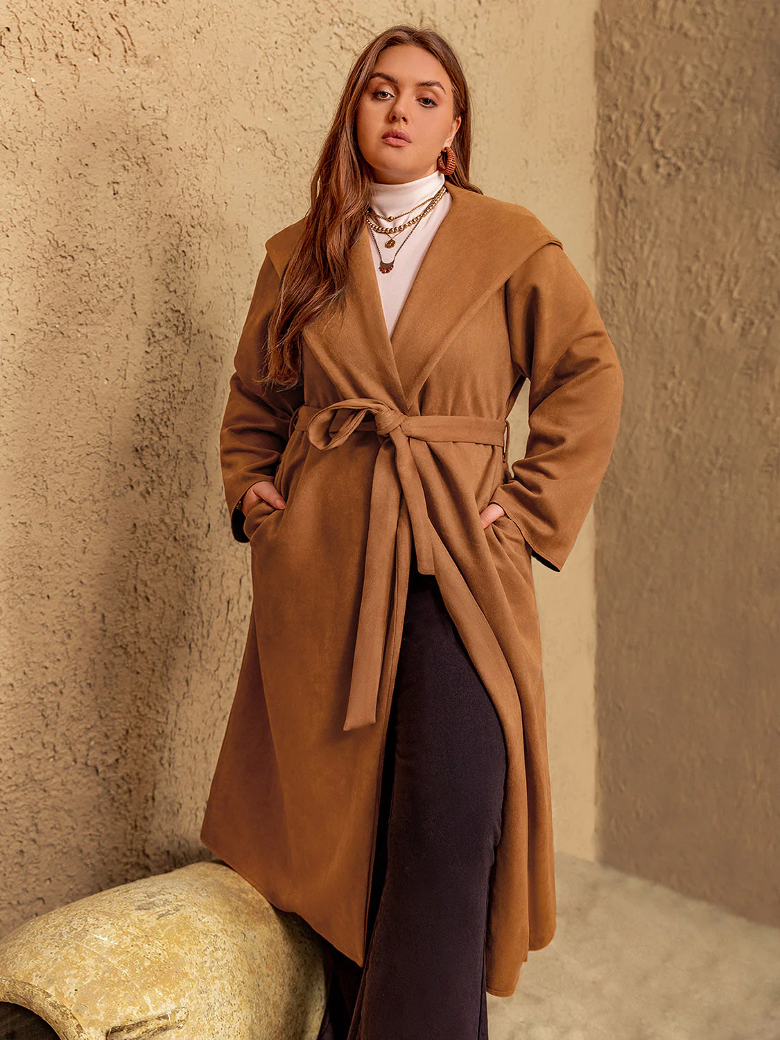 Plus Size Tied Long Sleeve Hooded Coat with Pockets - Image 3