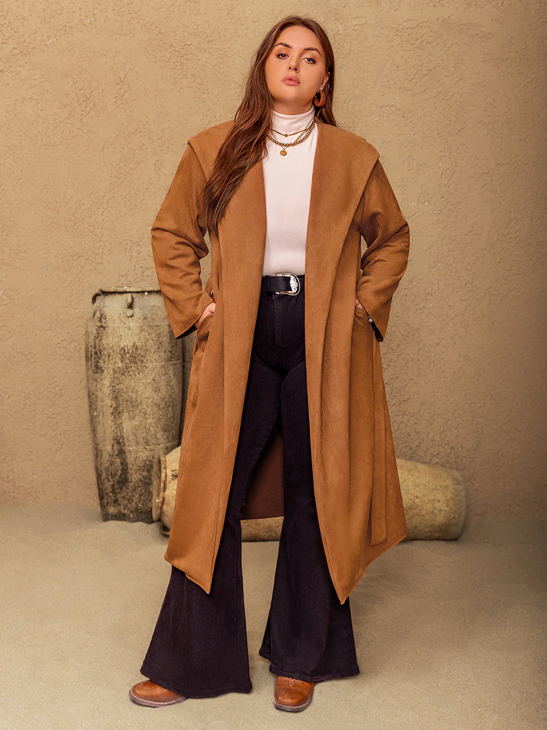 Plus Size Tied Long Sleeve Hooded Coat with Pockets - Image 4