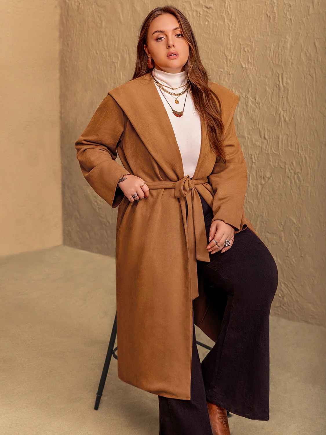Plus Size Tied Long Sleeve Hooded Coat with Pockets - Image 6