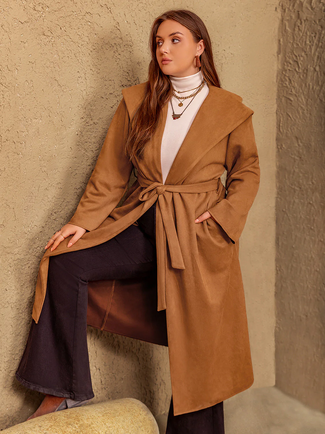 Plus Size Tied Long Sleeve Hooded Coat with Pockets - Image 8