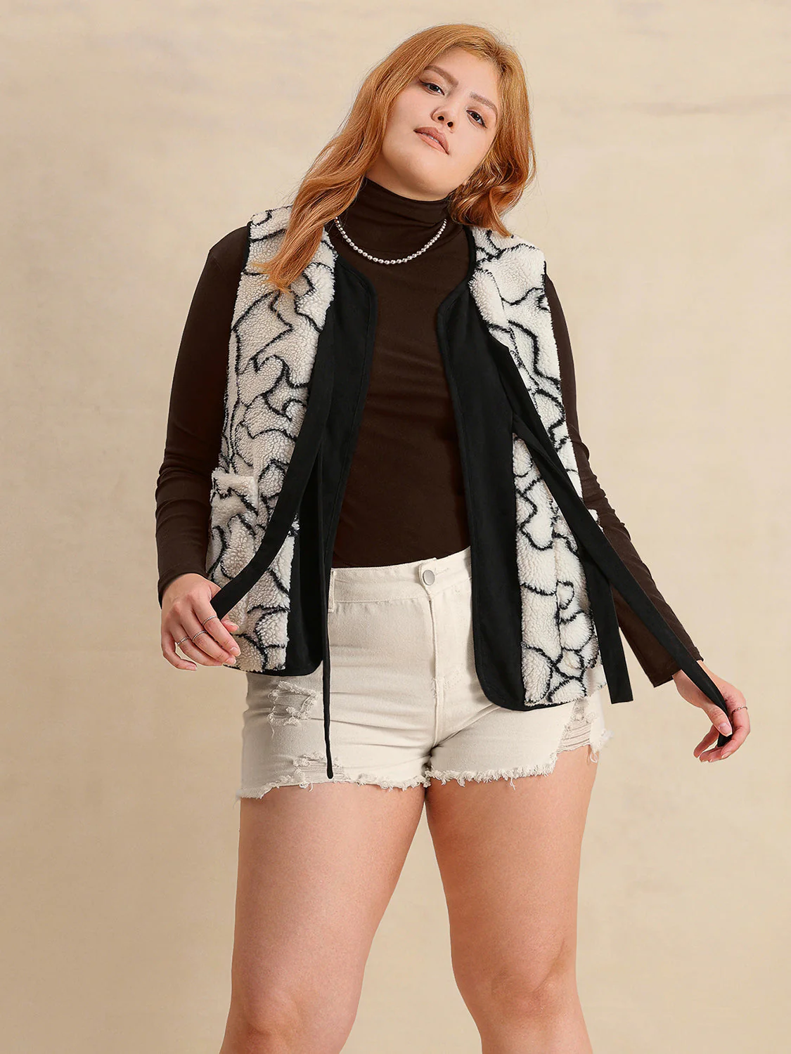 Plus Size Tied Sherpa Vest Coat with Pockets - Image 2