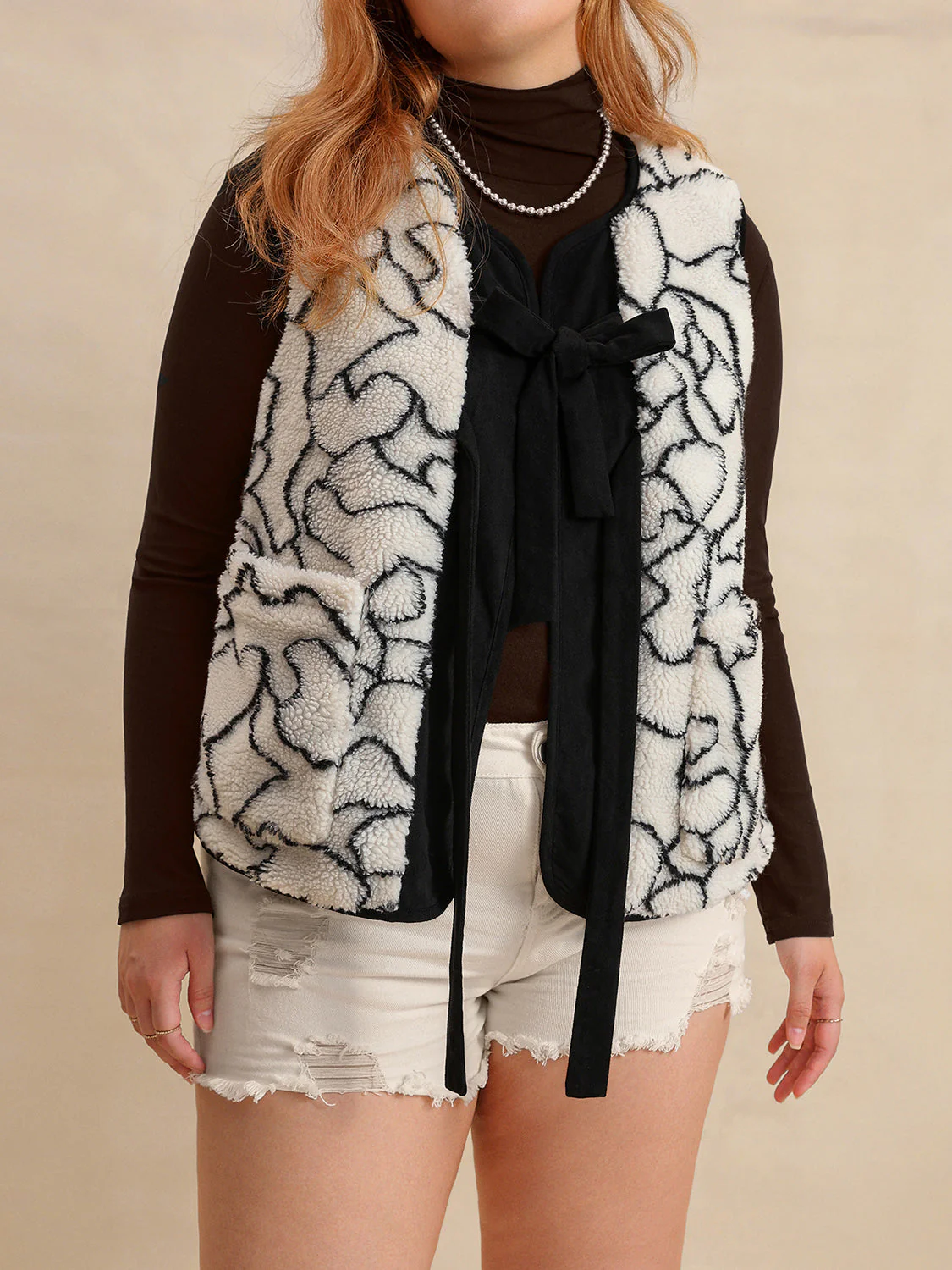 Plus Size Tied Sherpa Vest Coat with Pockets - Image 5