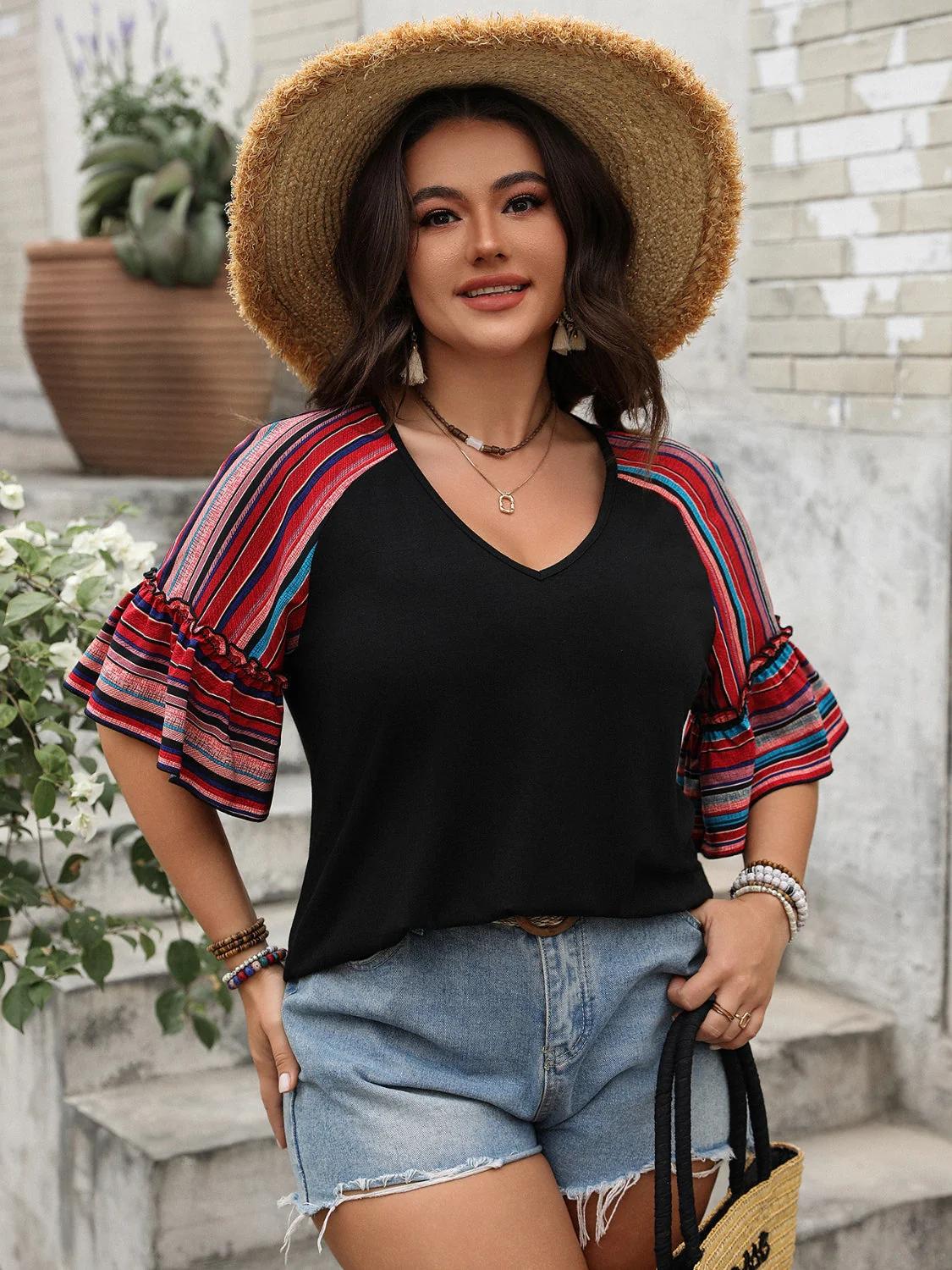 Plus Size V-Neck Flounce Sleeve Top - Image 2
