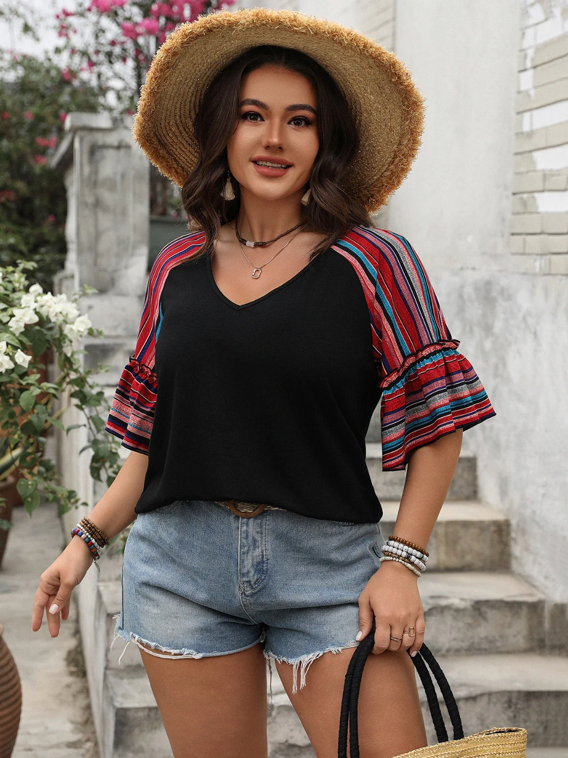 Plus Size V-Neck Flounce Sleeve Top - Image 3