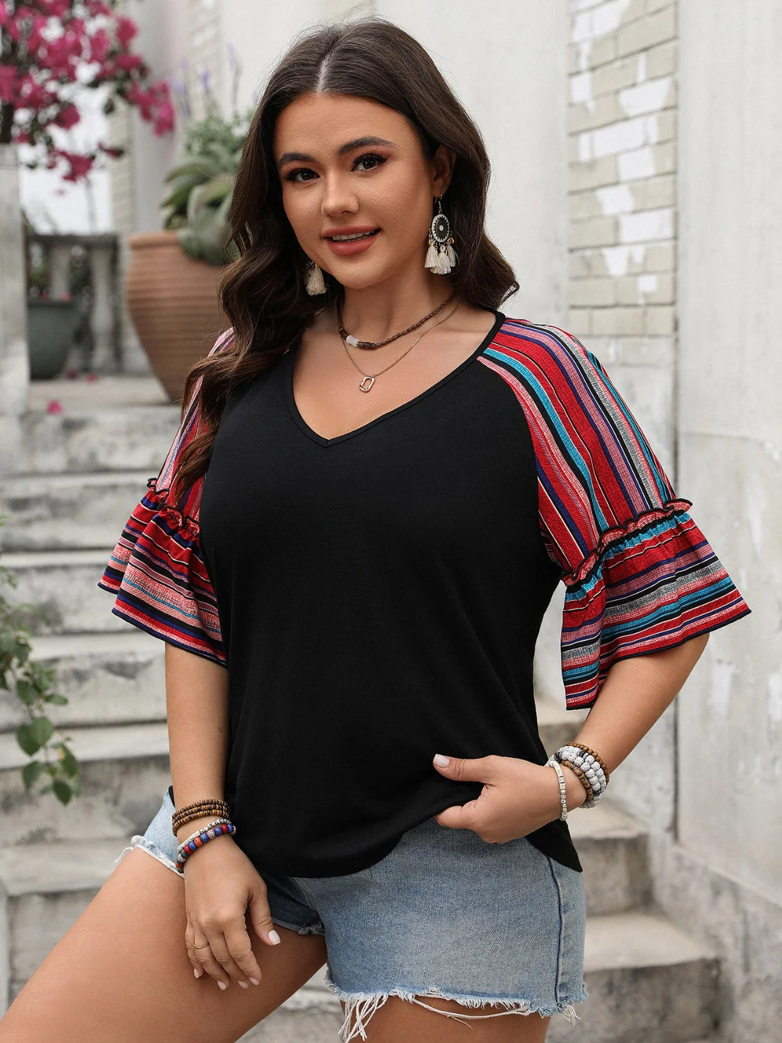 Plus Size V-Neck Flounce Sleeve Top - Image 5