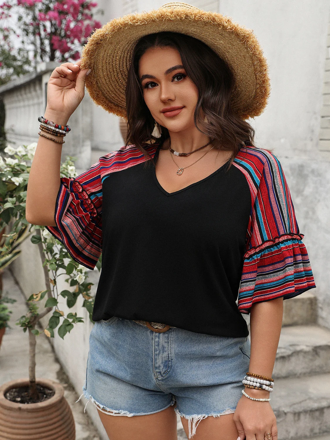 Plus Size V-Neck Flounce Sleeve Top - Image 6