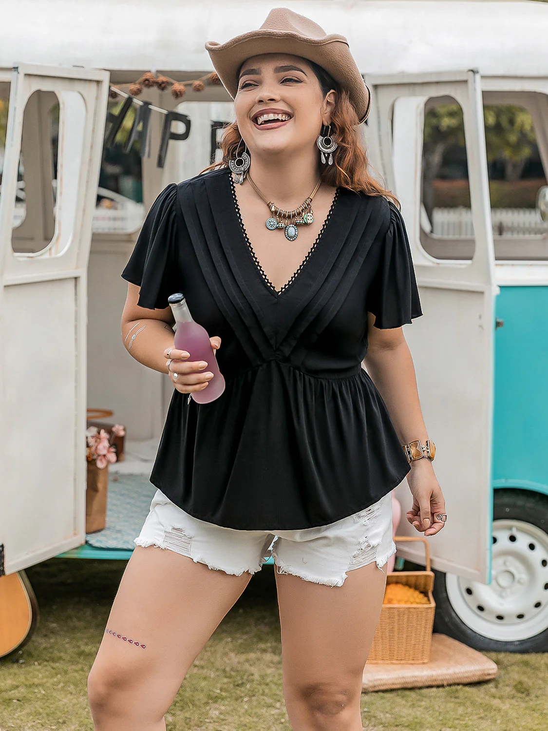 Plus Size V-Neck Flutter Sleeve Blouse - Image 2