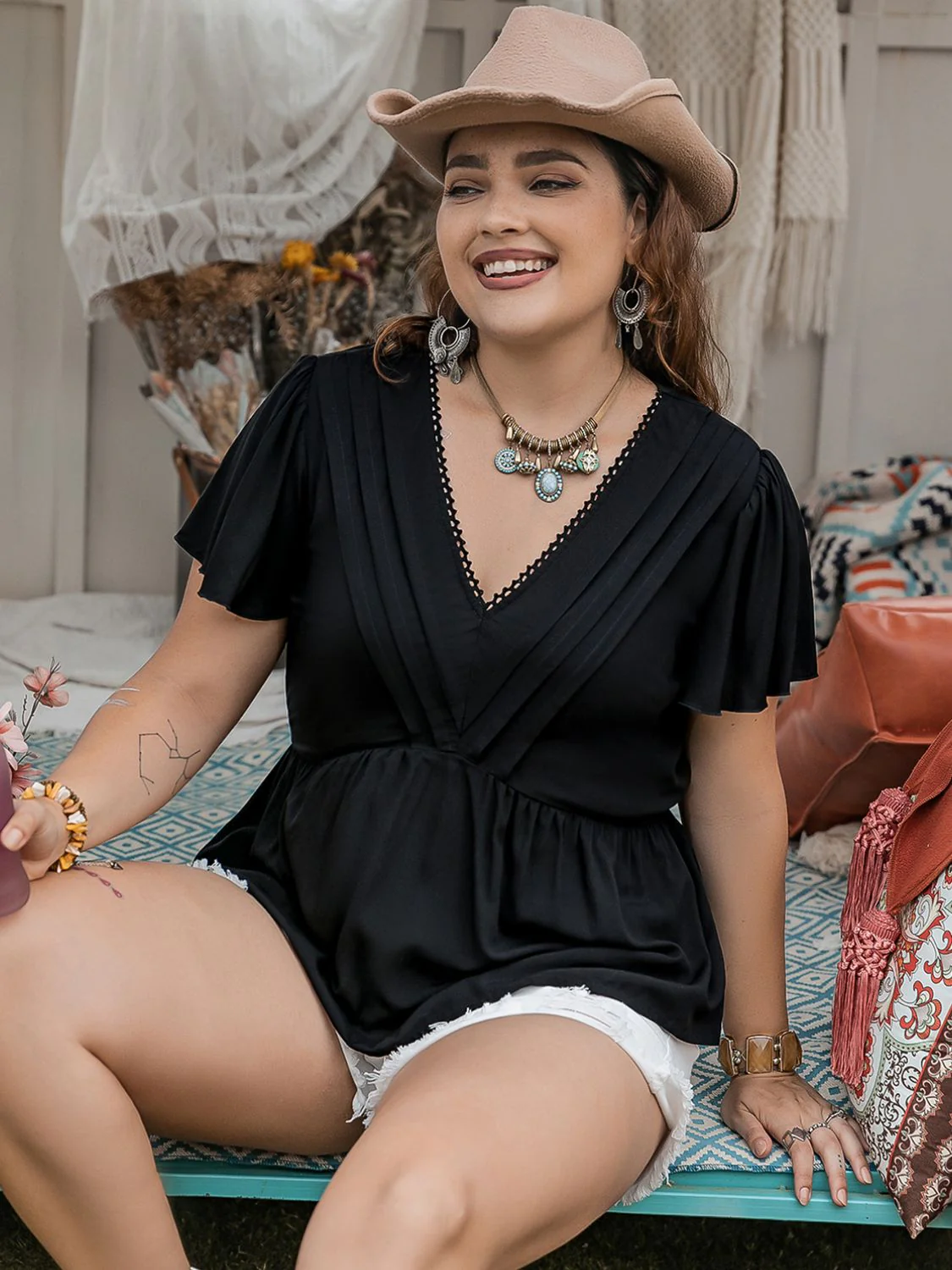 Plus Size V-Neck Flutter Sleeve Blouse - Image 3