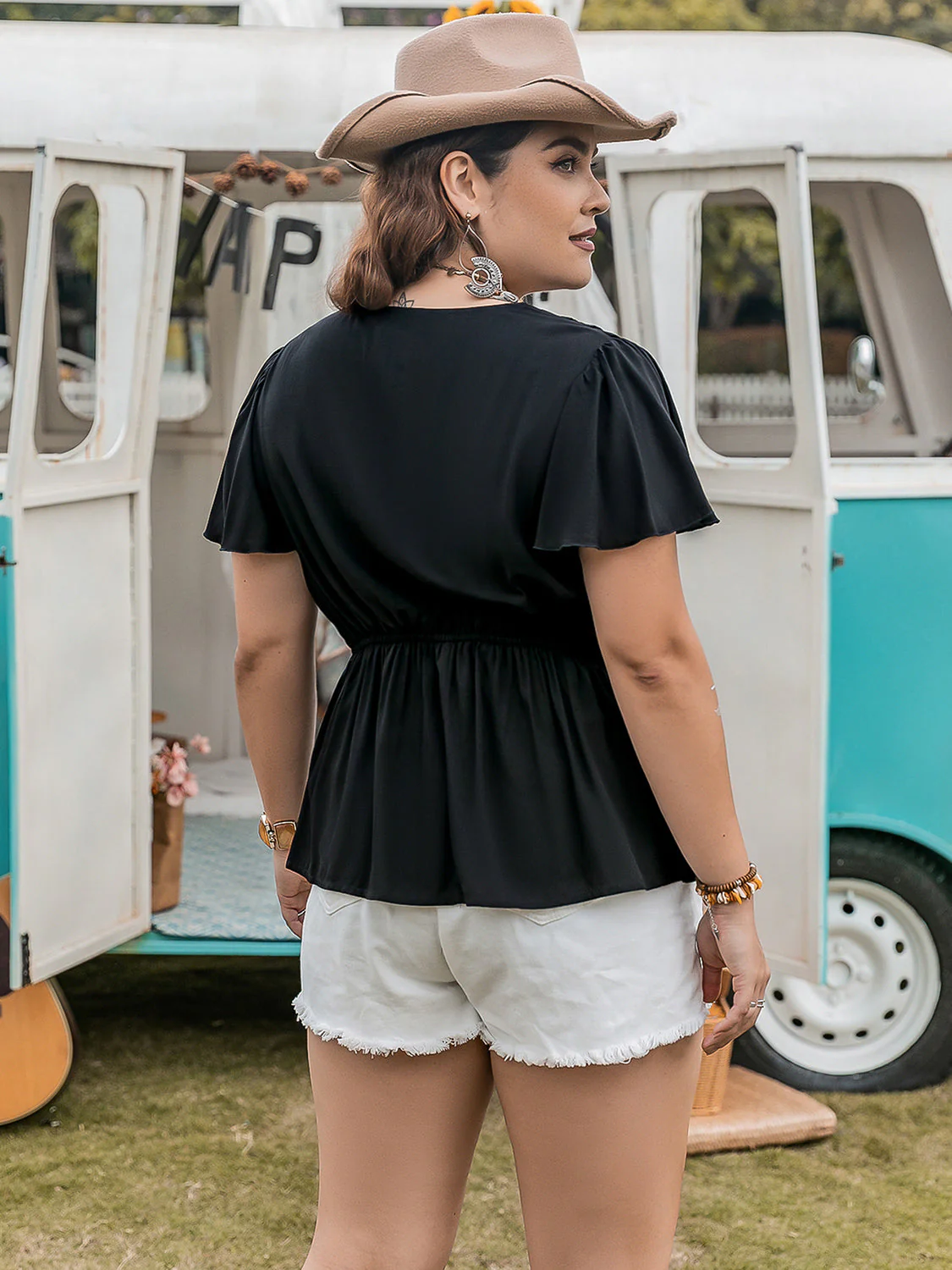 Plus Size V-Neck Flutter Sleeve Blouse - Image 4