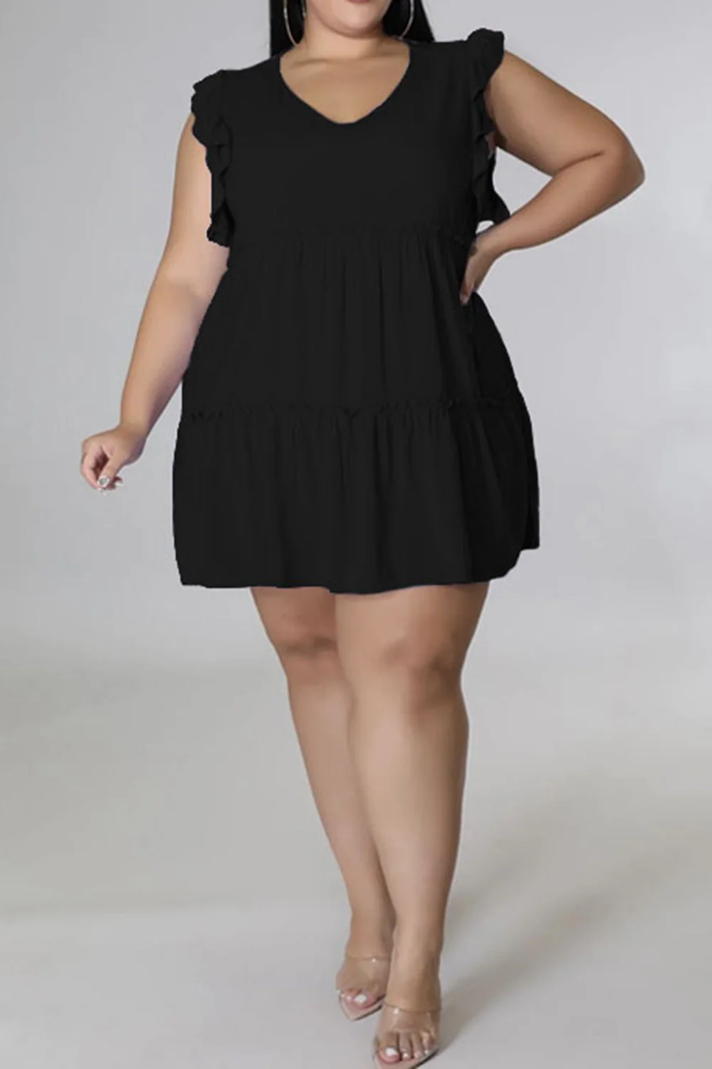 Plus Size V-Neck Frill Trim Mini Dress - Image 13