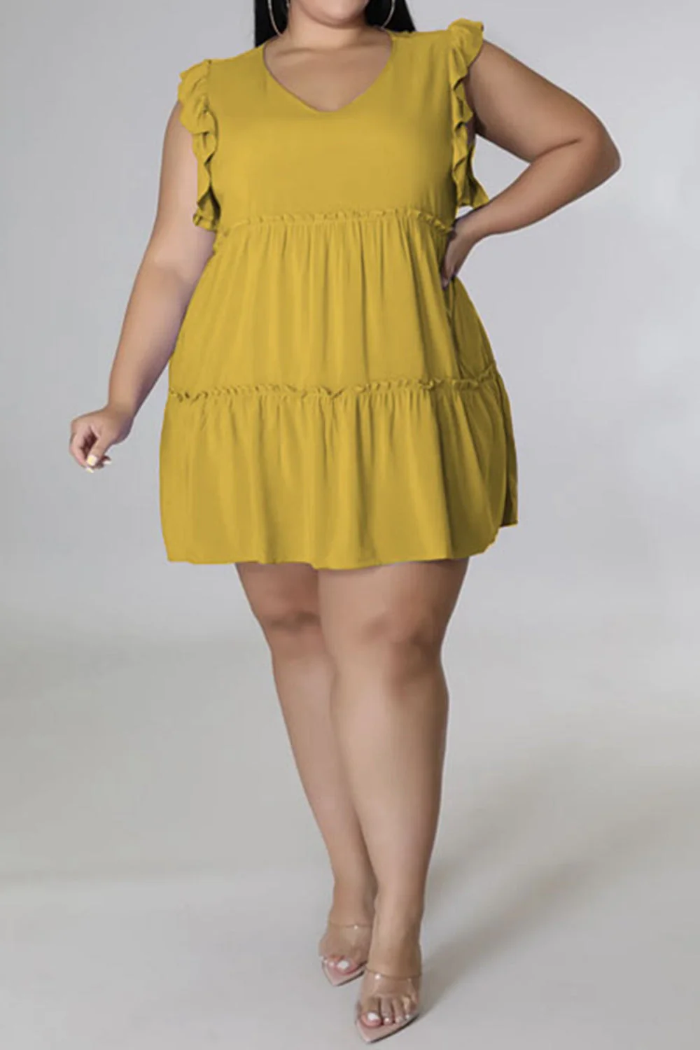 Plus Size V-Neck Frill Trim Mini Dress - Image 16
