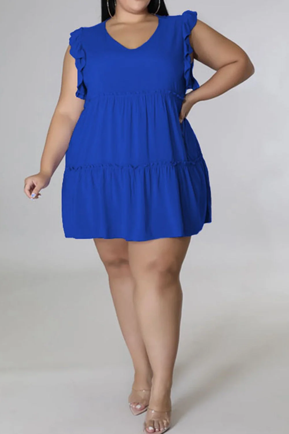 Plus Size V-Neck Frill Trim Mini Dress - Image 3