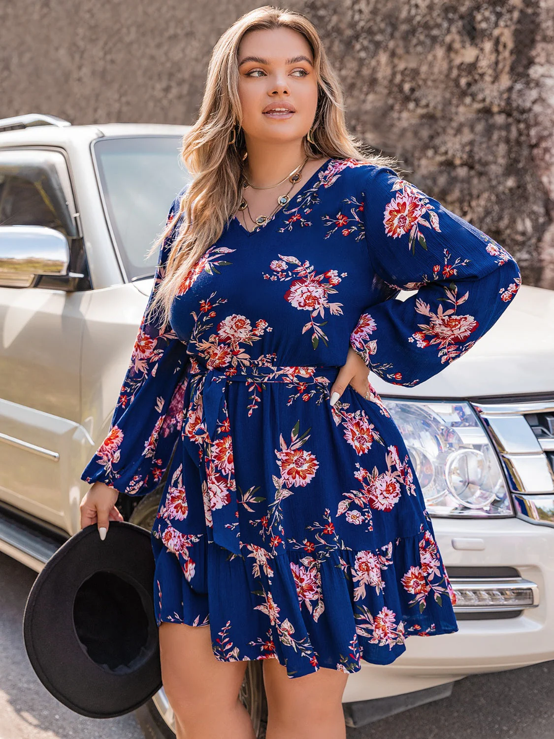 Plus Size V-Neck Long Sleeve Dress - Image 3