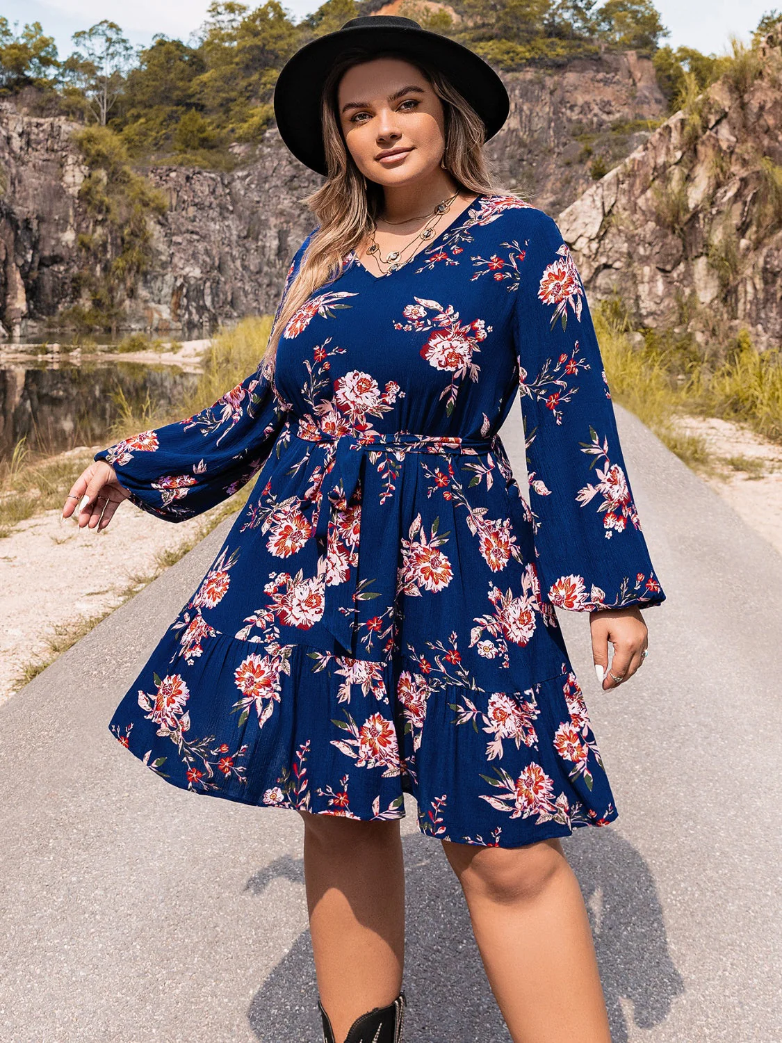 Plus Size V-Neck Long Sleeve Dress - Image 4