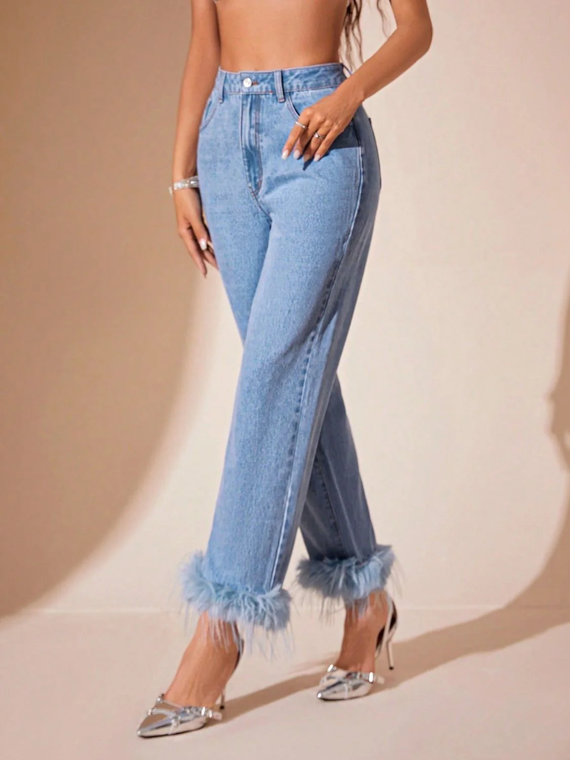 Plush Hem High Rise Straight Jeans - Image 3