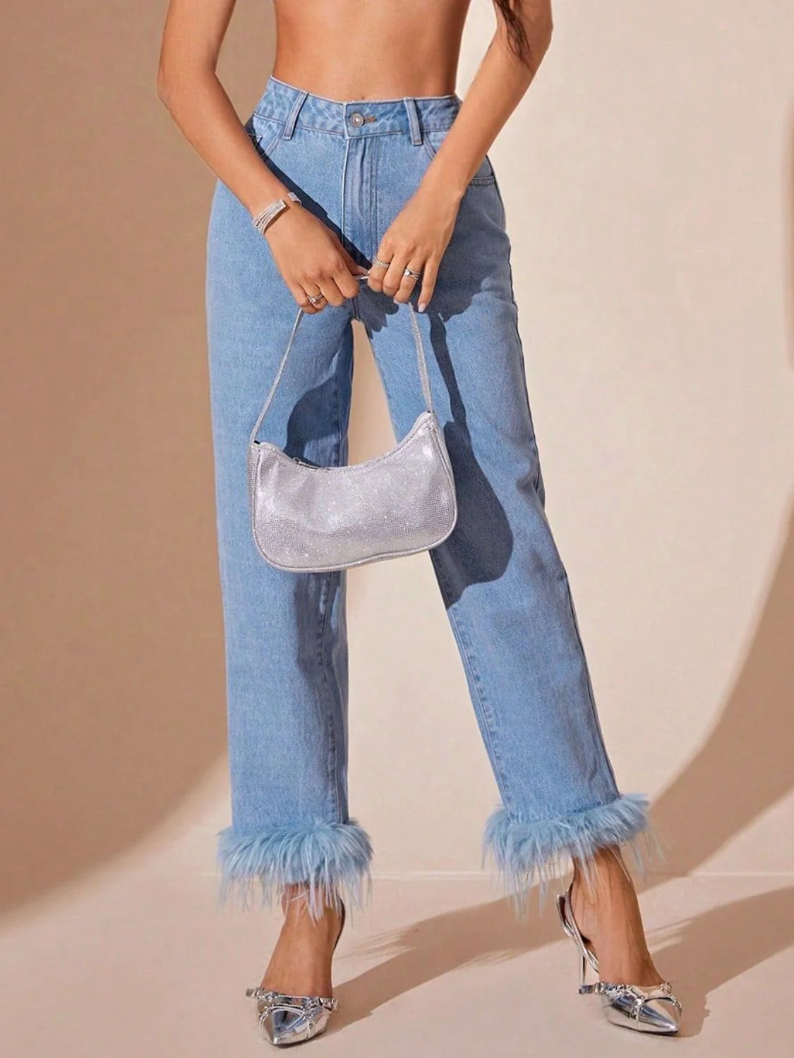 Plush Hem High Rise Straight Jeans - Image 4