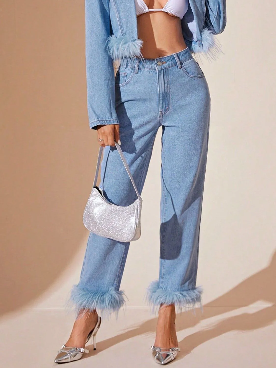 Plush Hem High Rise Straight Jeans - Image 5