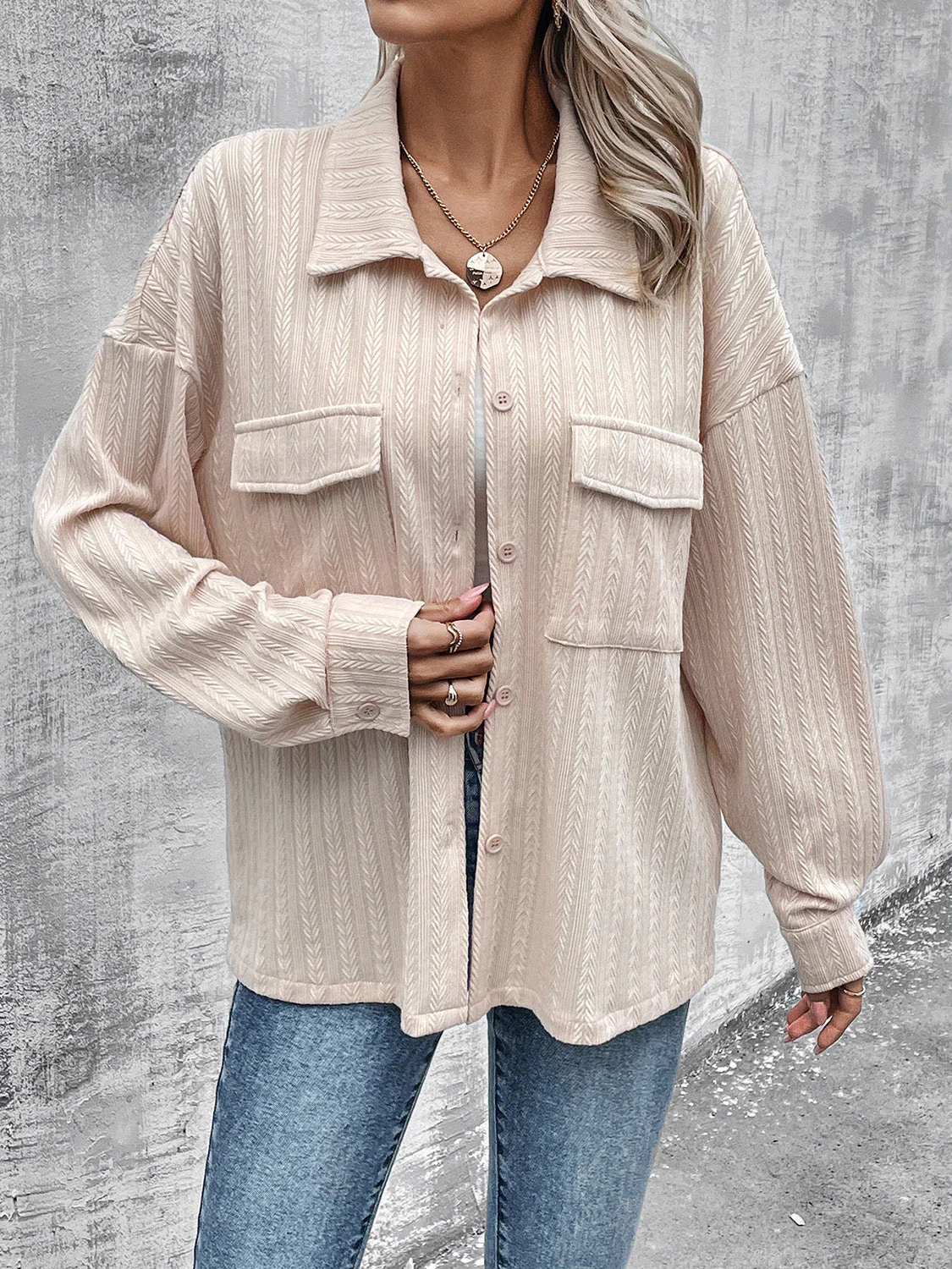 Pocketed Button Up Dropped Shoulder Jacket - Image 3