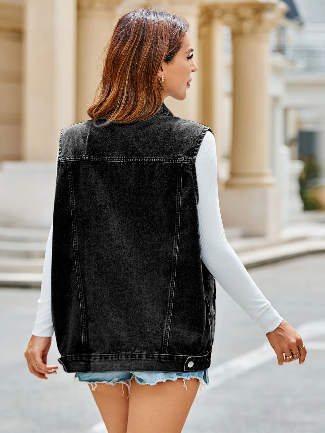 Pocketed Button Up Sleeveless Denim Jacket - Image 7