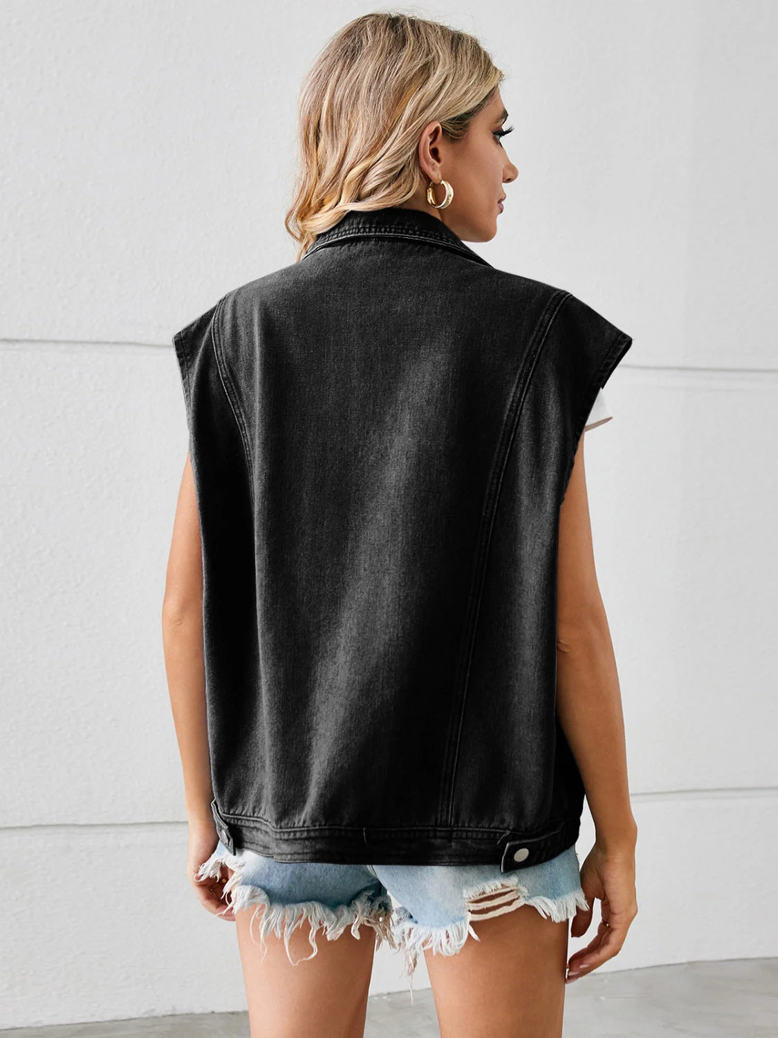 Pocketed Button Up Sleeveless Denim Jacket - Image 2