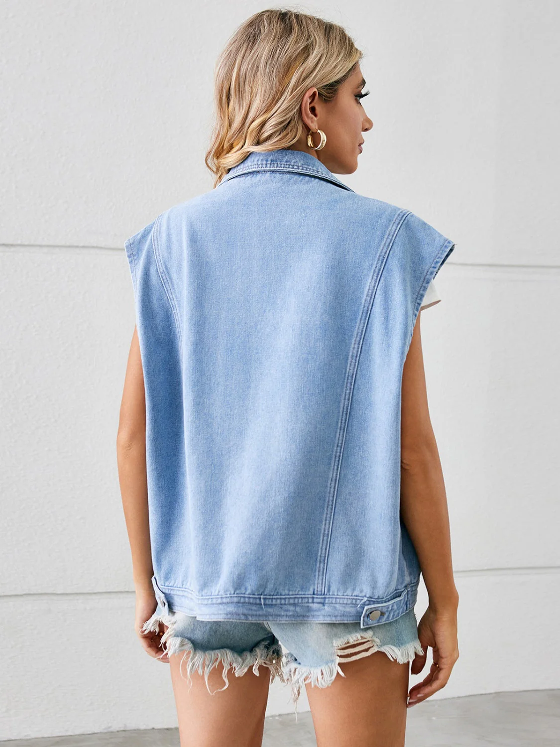 Pocketed Button Up Sleeveless Denim Jacket - Image 8