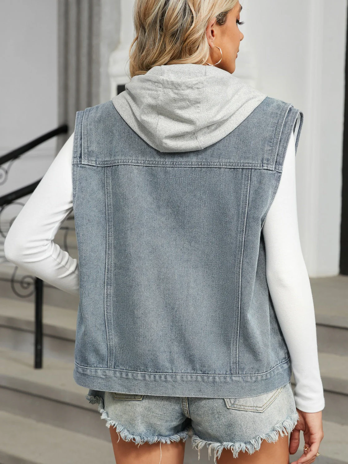 Pocketed Button Up Sleeveless Denim Jacket - Image 2