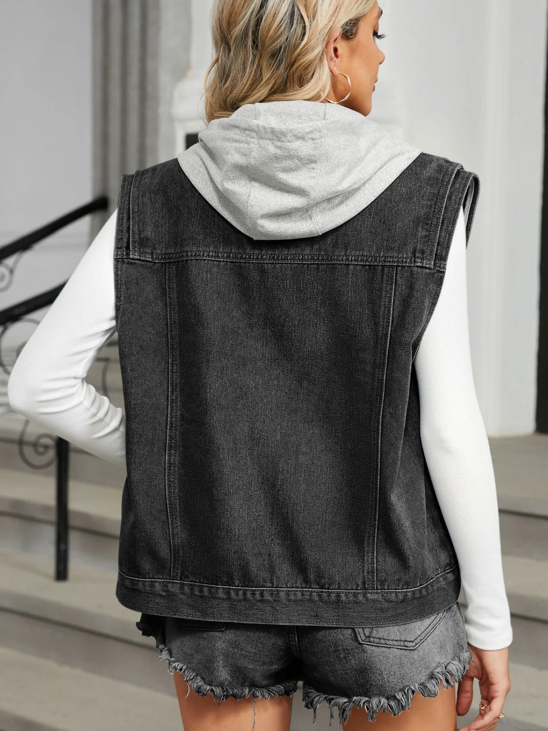 Pocketed Button Up Sleeveless Denim Jacket - Image 6