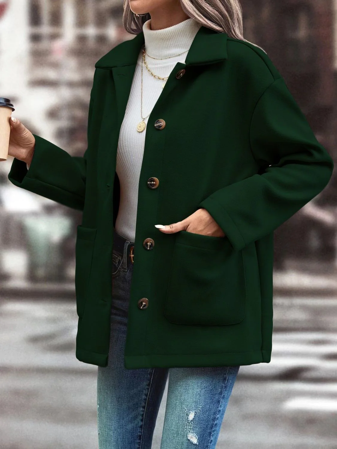 Pocketed Collared Neck Button Up Jacket - Image 2