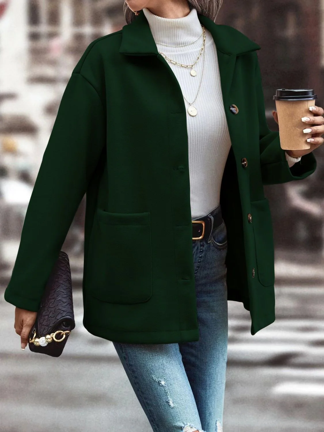 Pocketed Collared Neck Button Up Jacket - Image 3