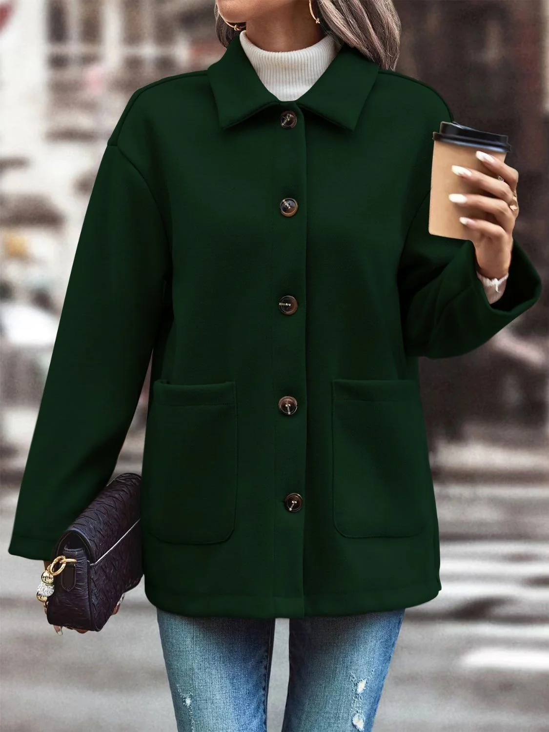 Pocketed Collared Neck Button Up Jacket - Image 4