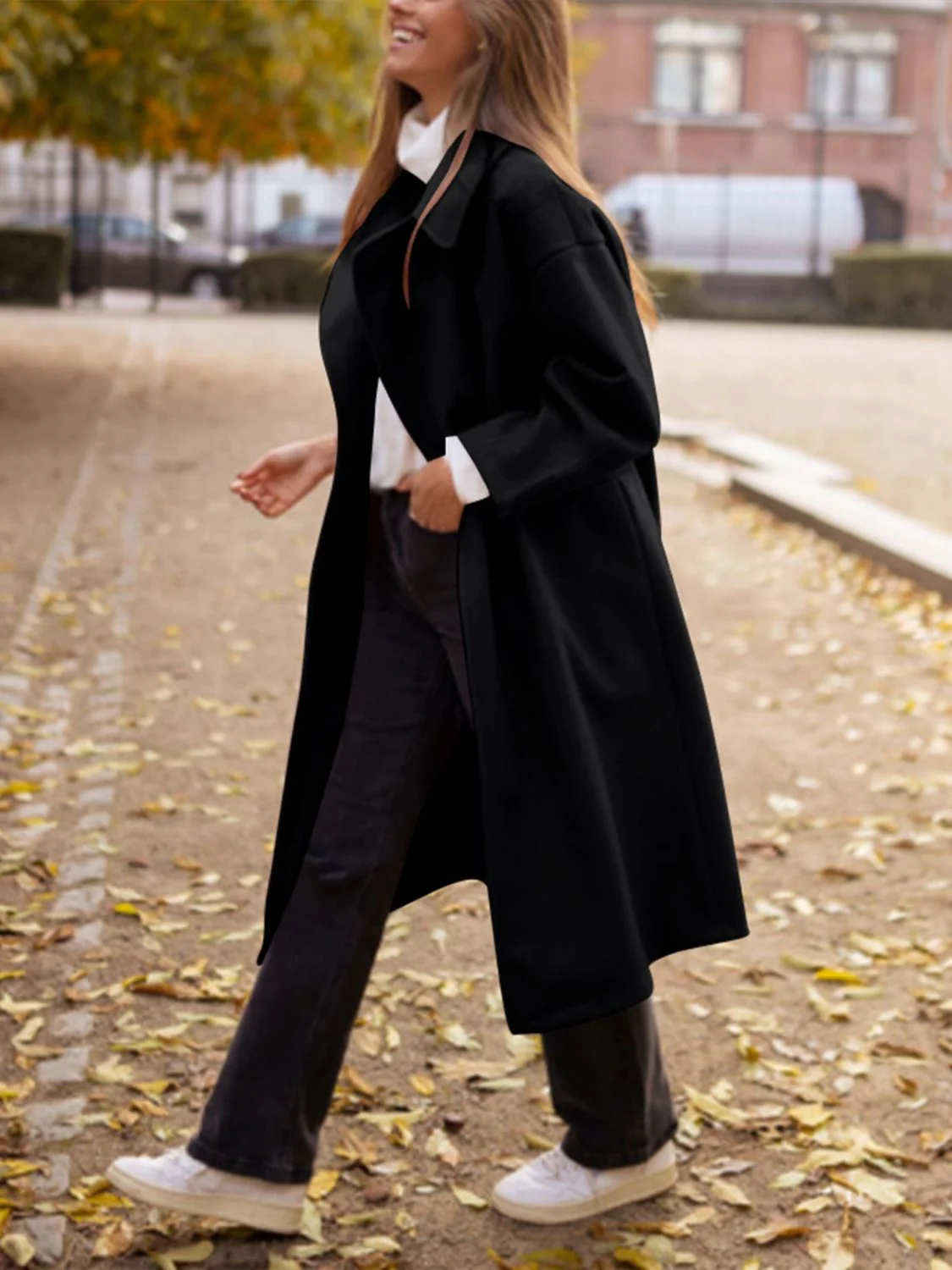 Pocketed Collared Neck Long Sleeve Coat - Image 3