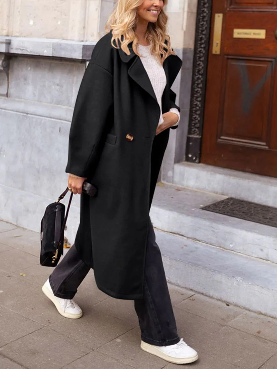 Pocketed Collared Neck Long Sleeve Coat - Image 4