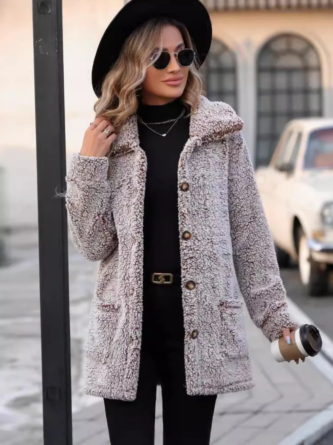 Pocketed Collared Neck Long Sleeve Plush Jacket - Image 3