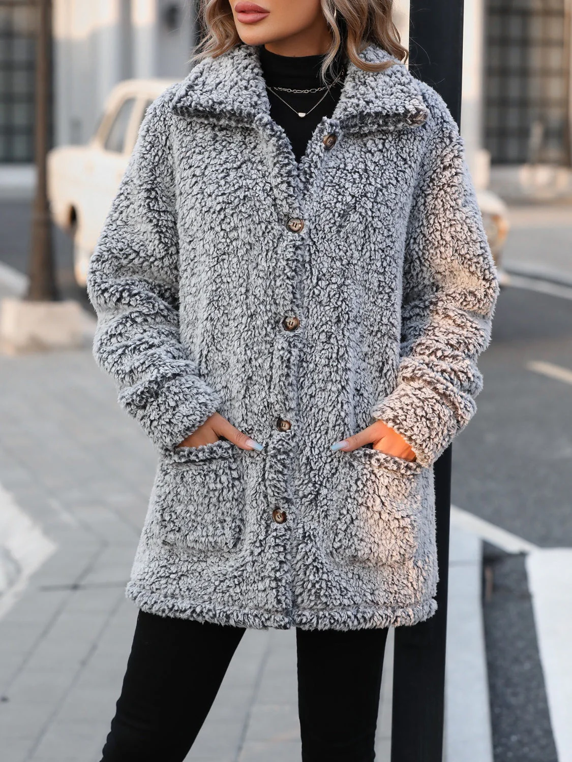 Pocketed Collared Neck Long Sleeve Plush Jacket - Image 5