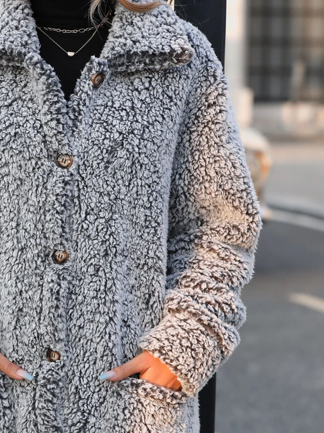 Pocketed Collared Neck Long Sleeve Plush Jacket - Image 6