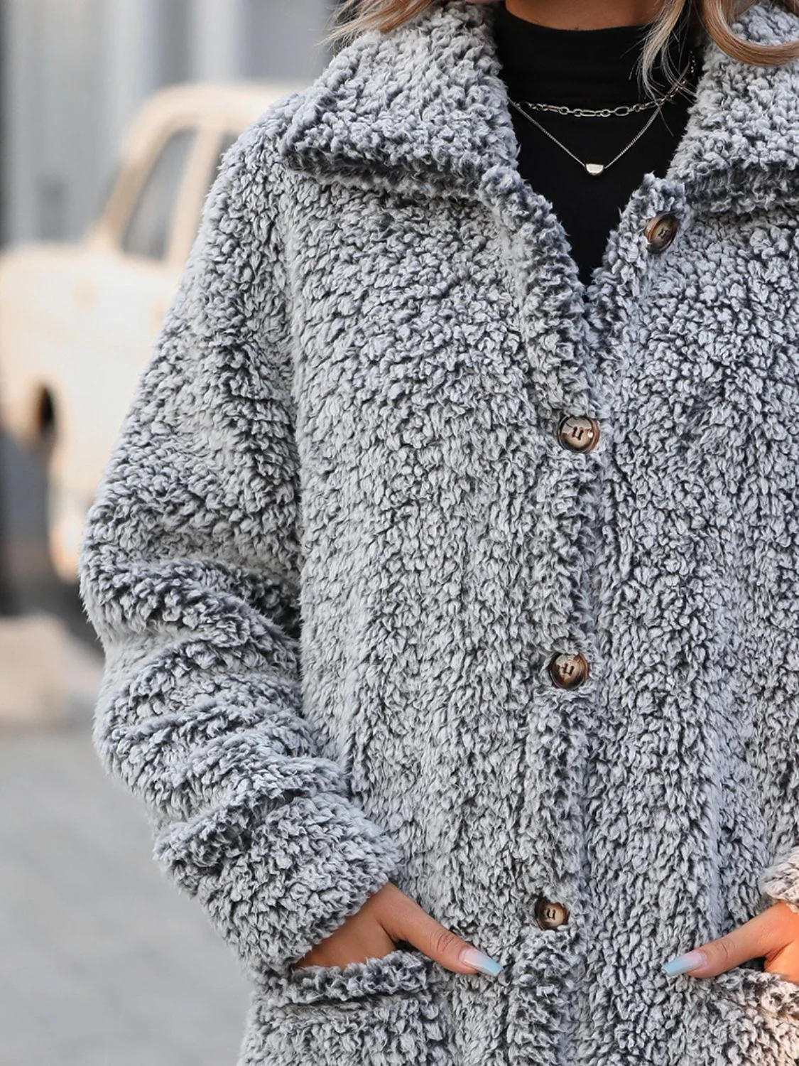 Pocketed Collared Neck Long Sleeve Plush Jacket - Image 7
