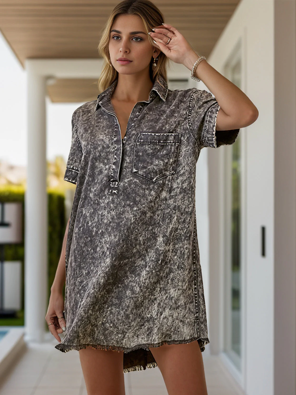 Pocketed Collared Neck Short Sleeve Denim Dress - Image 2