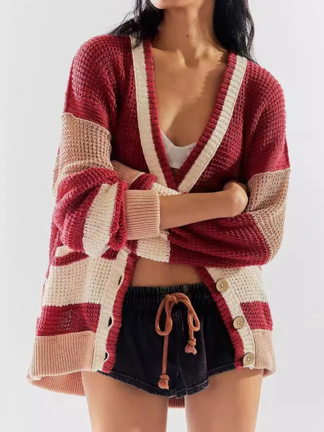 Pocketed Contrast V-Neck Long Sleeve Cardigan - Image 5