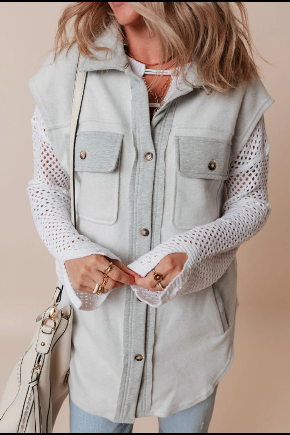 Pocketed Curved Hem Button Up Vest - Image 4