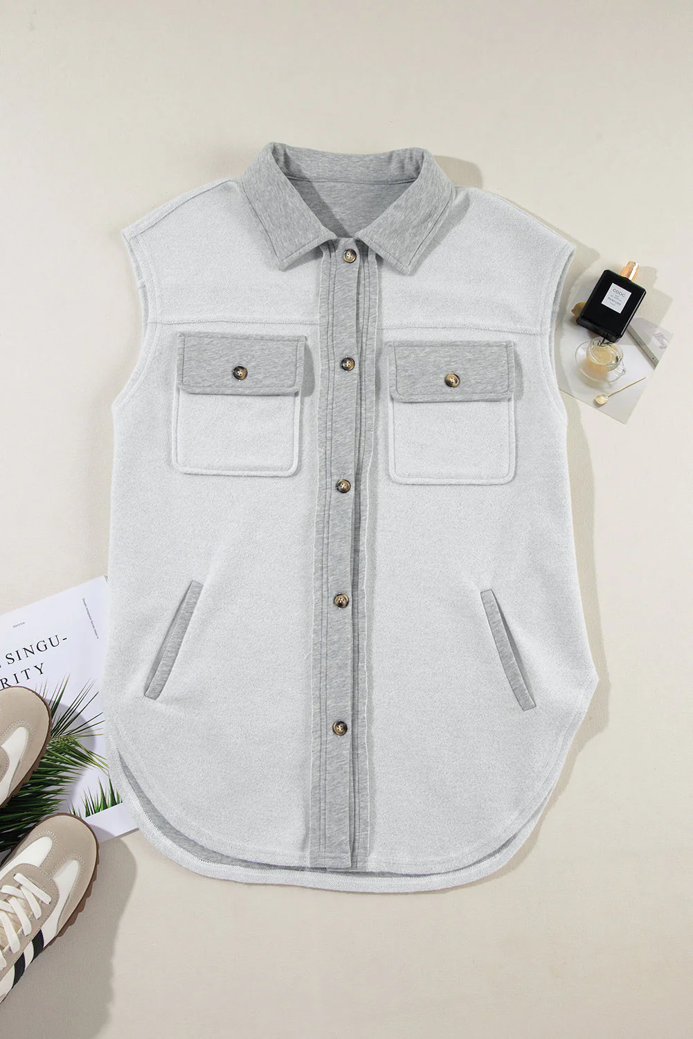 Pocketed Curved Hem Button Up Vest - Image 7