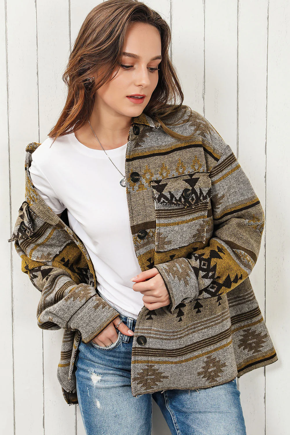 Pocketed Geometric Collared Neck Jacket - Image 6