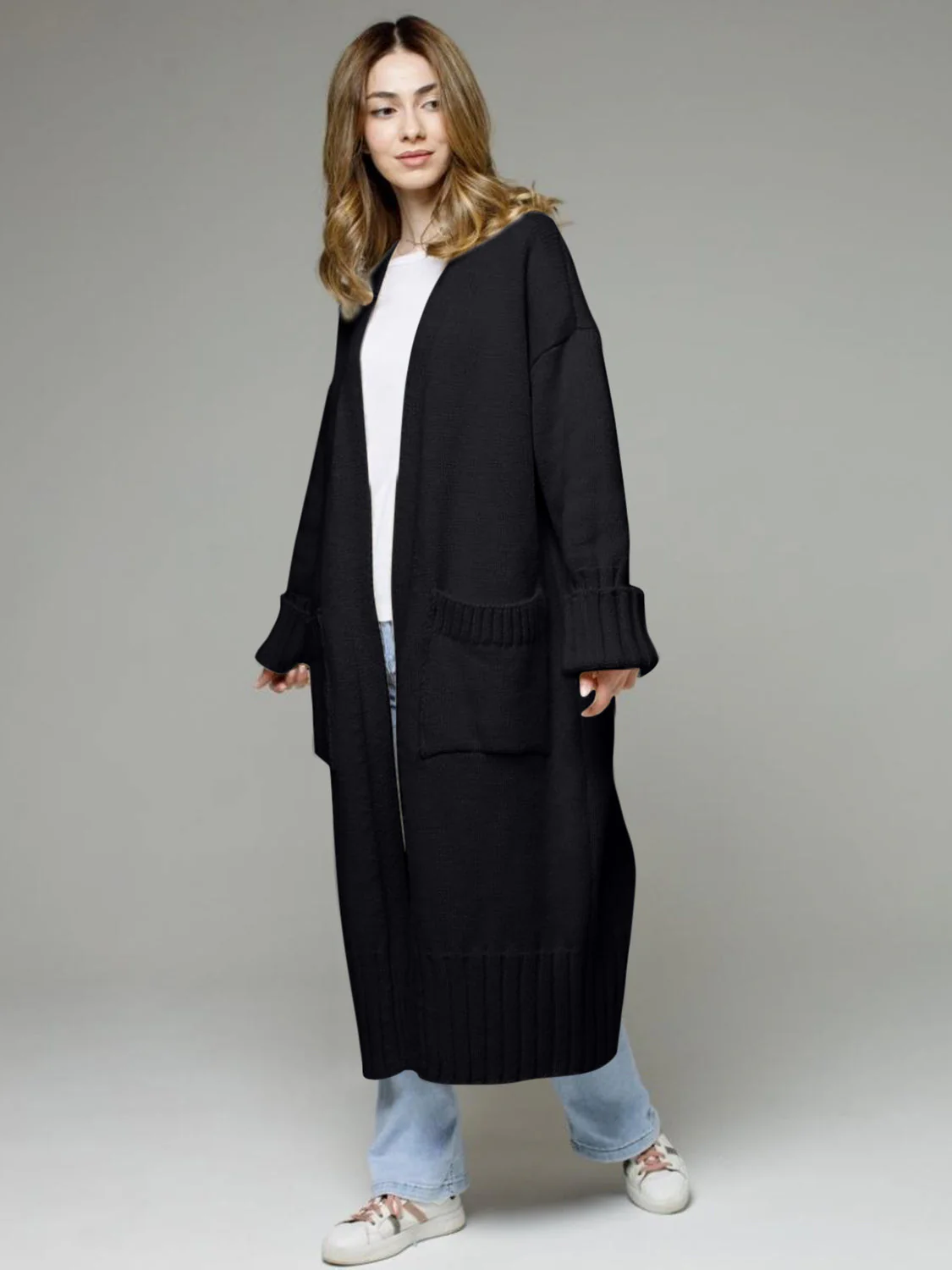 Pocketed Open Front Dropped Shoulder Cardigan - Image 17
