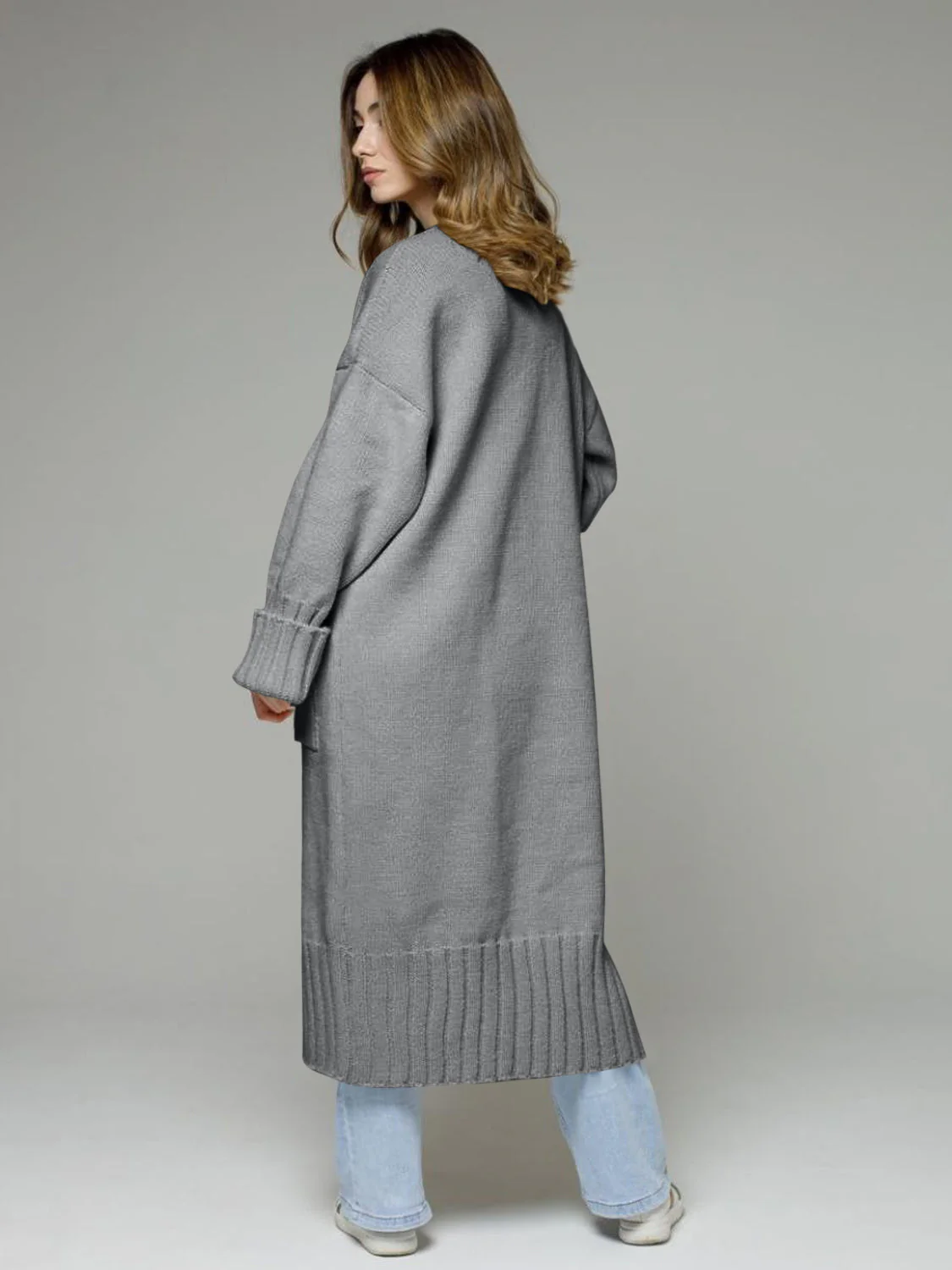 Pocketed Open Front Dropped Shoulder Cardigan - Image 2