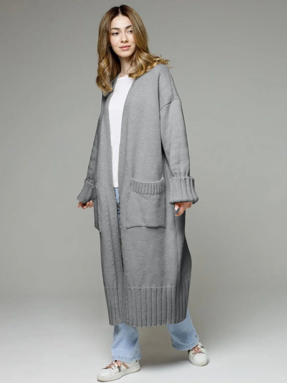 Pocketed Open Front Dropped Shoulder Cardigan - Image 3