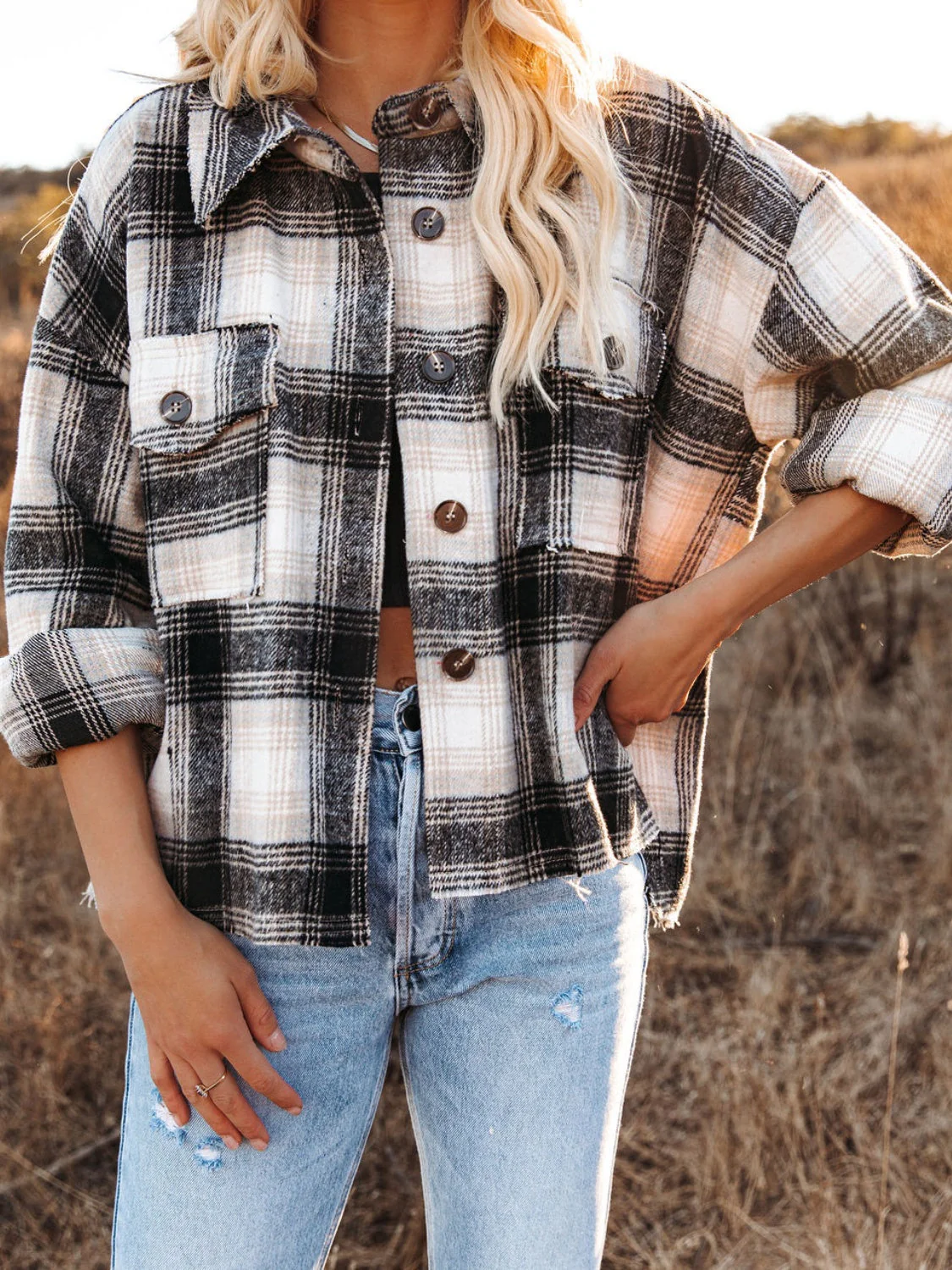 Pocketed Plaid Button Down Long Sleeve Shacket - Image 2