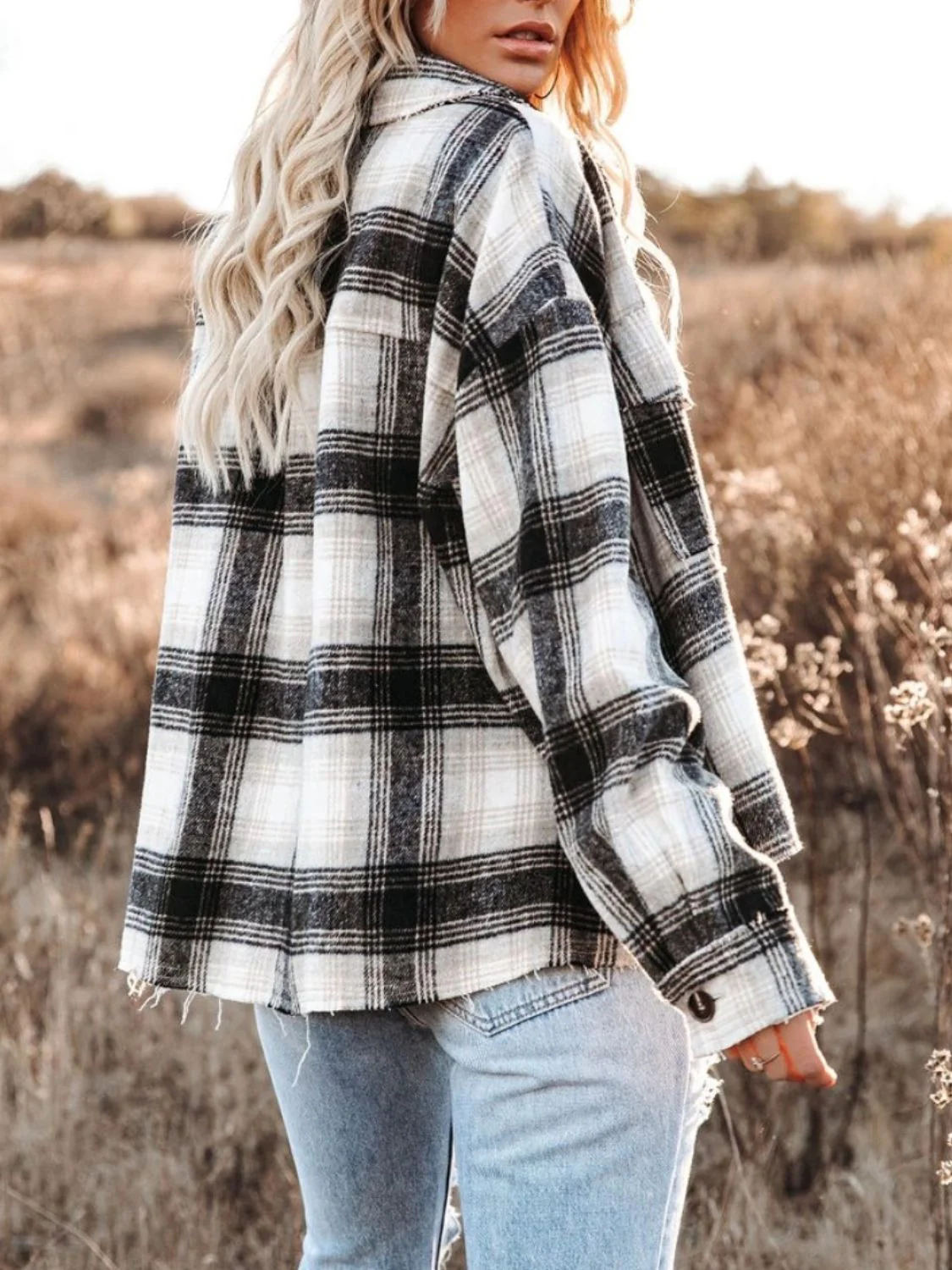 Pocketed Plaid Button Down Long Sleeve Shacket - Image 3